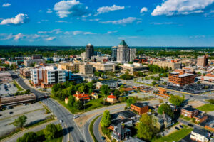 An aerial shot of the city of Greensboro, in North Carolina during daylight